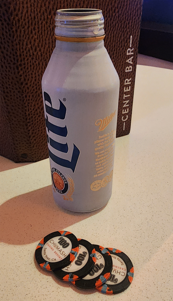 The spoils of victory: Breaking even in chips and a cold beverage to end the day.
